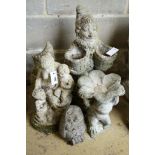 Five reconstituted stone garden ornaments, largest height 55cm