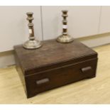 A pair of plated telescopic candlesticks and a Mappin & Webb part canteen of plated cutlery