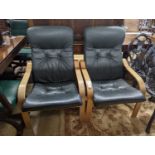 A pair of mid century Norwegian green leather and bent ply armchairs, width 68cm, depth 80cm, height
