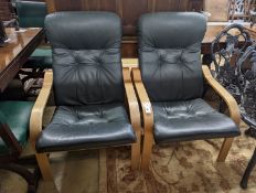 A pair of mid century Norwegian green leather and bent ply armchairs, width 68cm, depth 80cm, height