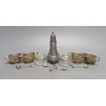 A set of four late Victorian demi-fluted silver salts and spoons, two other salts and a caster.