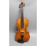A 20th century Viola, unlabelled with 2 piece 16 inch back, cased