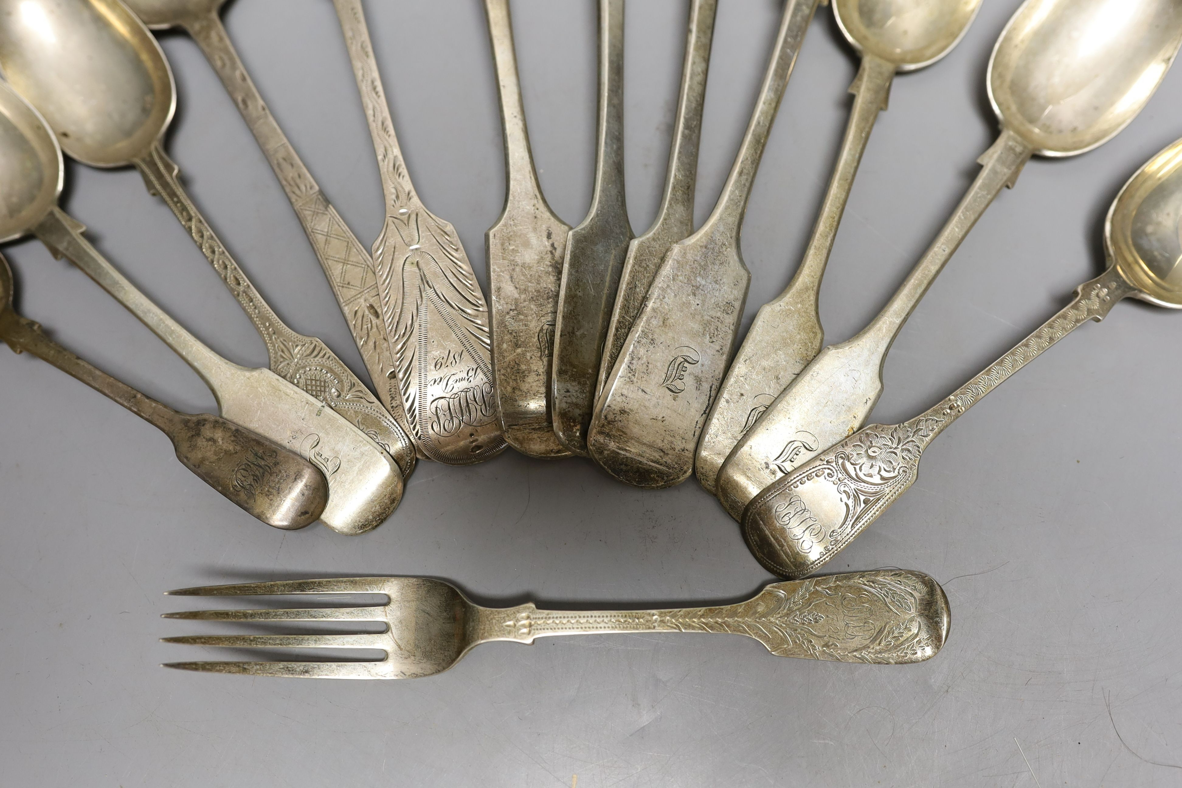 Thirteen items of assorted 19th century and later silver flatware, various dates and makers, 23oz. - Image 2 of 3