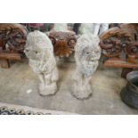 A pair of reconstituted stone seated lion garden ornaments, height 50cm