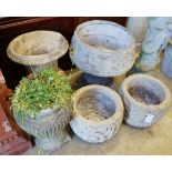 Five circular reconstituted stone garden planters, largest diameter 40cm, height 46cm