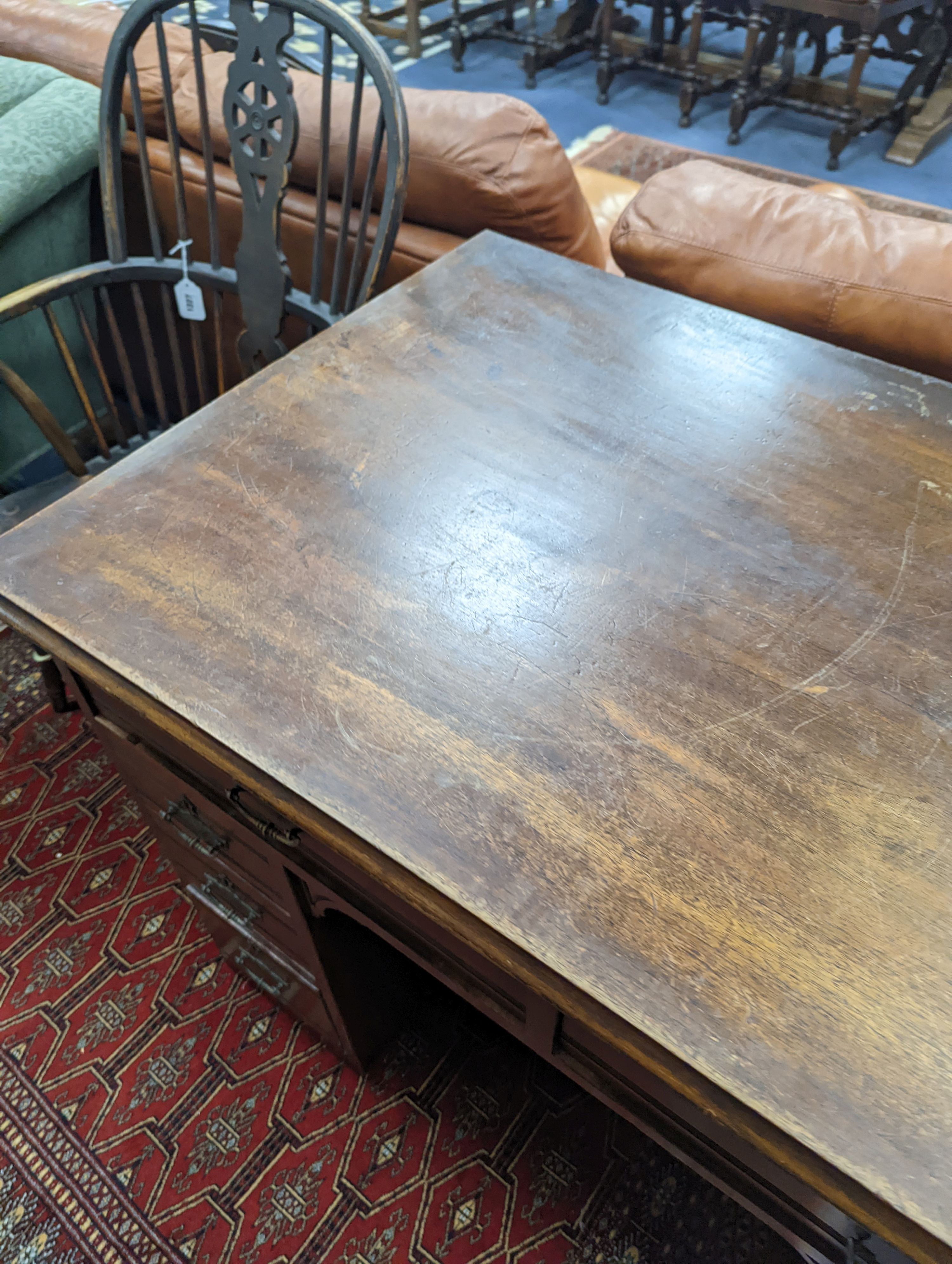 A late Victorian mahogany kneehole desk, length 107cm, height 80cm - Image 3 of 10