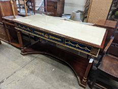 An Empire style parcel gilt and faux malachite marble top console table with concave undertier,