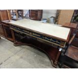 An Empire style parcel gilt and faux malachite marble top console table with concave undertier,