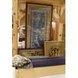 Two Chinese carved gilt wooden panels, a cased set of chopsticks, a boxed silk woven scroll and