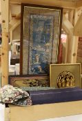 Two Chinese carved gilt wooden panels, a cased set of chopsticks, a boxed silk woven scroll and