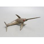 A 20th century Spanish articulated model of a swordfish, with red glass eyes, approx. 26.5cm,