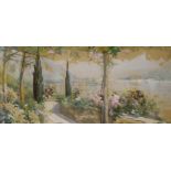 Gianni, watercolour, Terrace overlooking an Italian lake, signed, 16 x 34cm