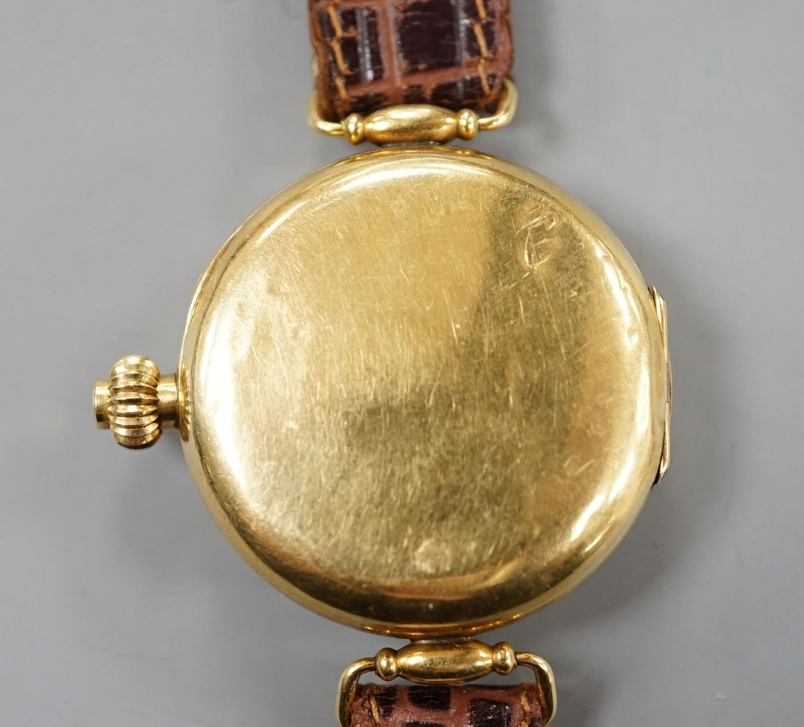 A gentleman's early 20th century 18k single button chronograph manual wind wrist watch, with - Image 2 of 3
