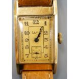 A gentleman's yellow metal Laco manual wind wrist watch, on associated leather strap.