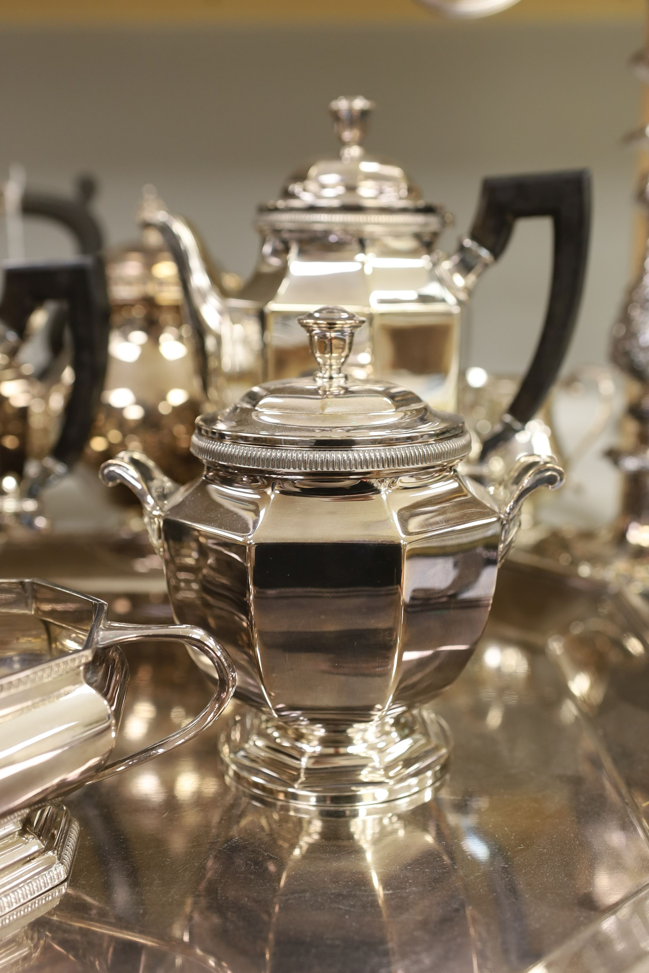 A French plated Cristofle tea set, together with other plated tea wares and a candelabrum - Image 4 of 7