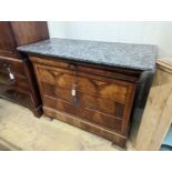 A 19th century French walnut marble topped commode, width 131cm, depth 61cm, height 103cm