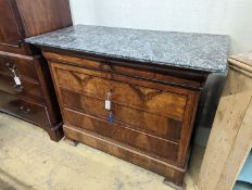 A 19th century French walnut marble topped commode, width 131cm, depth 61cm, height 103cm