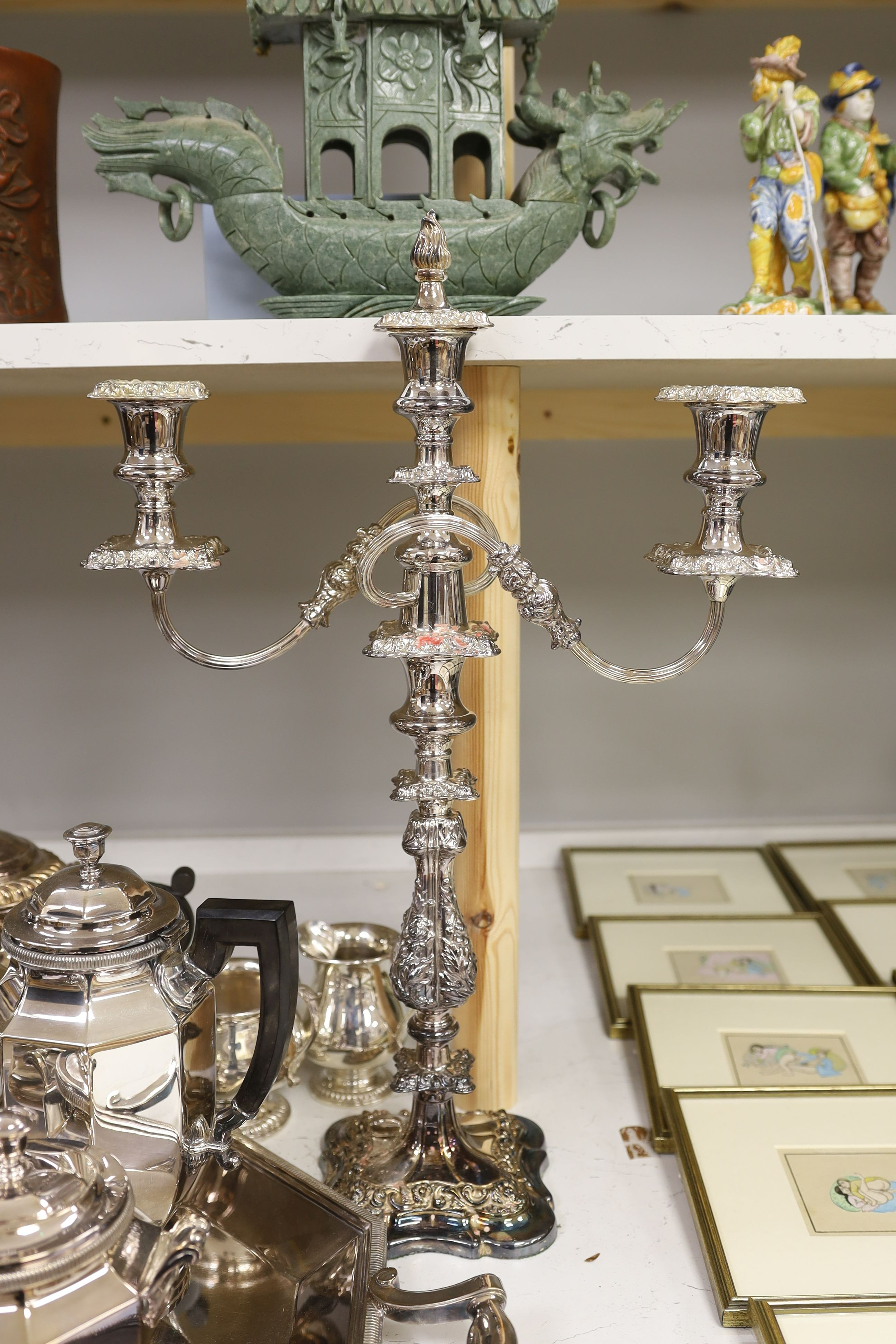 A French plated Cristofle tea set, together with other plated tea wares and a candelabrum - Image 6 of 7