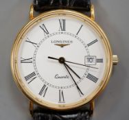 A gentleman's 1999 18ct Longines quartz date wrist watch, with box and papers, case diameter 33mm,