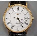 A gentleman's 1999 18ct Longines quartz date wrist watch, with box and papers, case diameter 33mm,