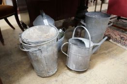 Eight vintage galvanised feeders, buckets, watering can, etc.