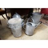 Eight vintage galvanised feeders, buckets, watering can, etc.