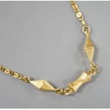 A modern 750 yellow metal fancy link necklace, 38cm, 9.5 grams.