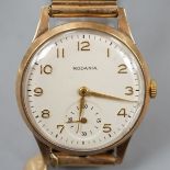 A gentleman's 9ct gold Rodania manual wind mid size wrist watch on associated gold plated