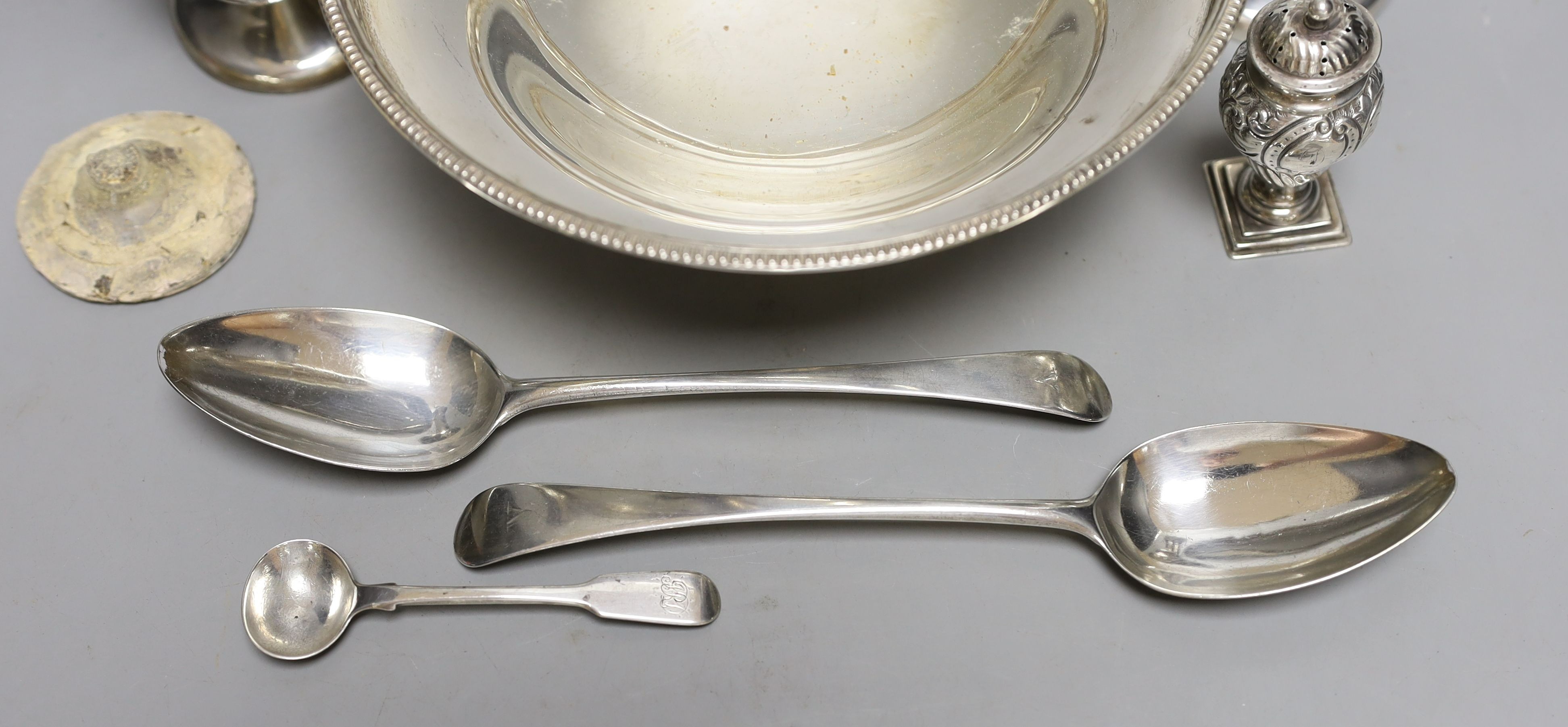 A George V silver bowl, by Walker & Hall, a pair of vases, pair of George III silver table spoons, - Image 2 of 4