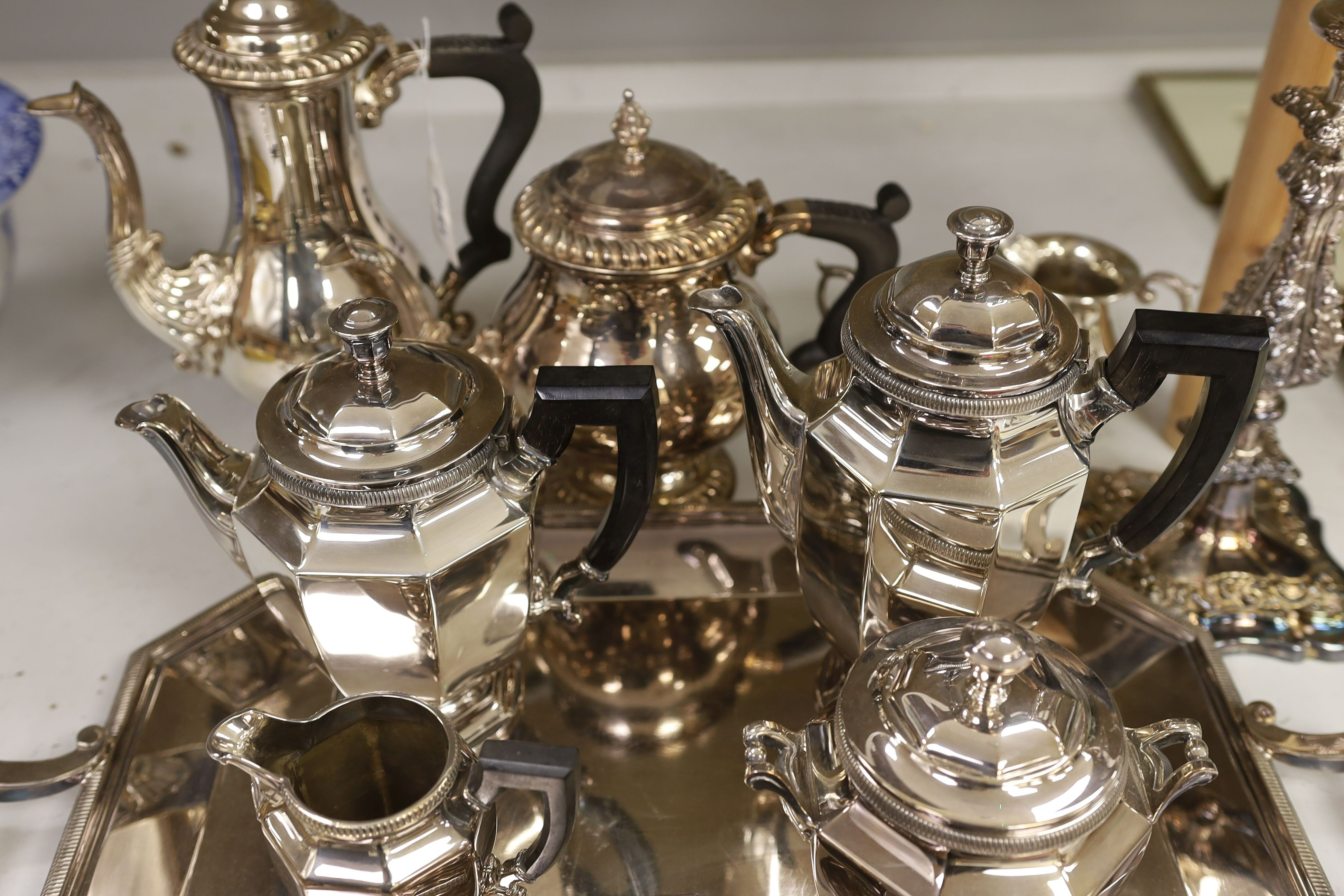 A French plated Cristofle tea set, together with other plated tea wares and a candelabrum - Image 5 of 7