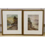 G.F. Marston, pair of watercolours, Sheep and cattle beside lochs, signed and dated 1918, 23 x 16cm