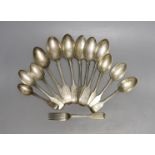 Thirteen items of assorted 19th century and later silver flatware, various dates and makers, 23oz.