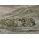 Attributed to Fred Cuming (1930-), ink and watercolour, Trees in a windy landscape, signed in pencil