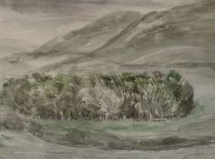 Attributed to Fred Cuming (1930-), ink and watercolour, Trees in a windy landscape, signed in pencil