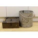 A brass mounted galvanised four gallon bucket and a case of milk sample bottles,Galvanised bucket 31