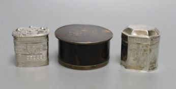 Two Dutch white metal snuff boxes, tallest 42mm and a George V silver mounted tortoiseshell box.
