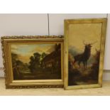 A. Daniel, oil on canvas, Stag in a landscape, signed and dated 1908, 60 x 30cm and a later oil of