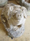 A reconstituted stone seated pig garden ornament, height 38cm