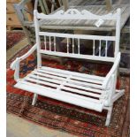 A painted slatted wood folding garden bench, length 97cm, depth 58cm, height 90cm