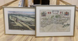 Blaeu, colour engraving, Map of Suthsexia (Sussex), 39 x 53cm and an engraving of Stanstead after