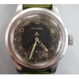 A gentleman's 1940's stainless steel Cyma British MOD military manual wind black dial wrist watch,