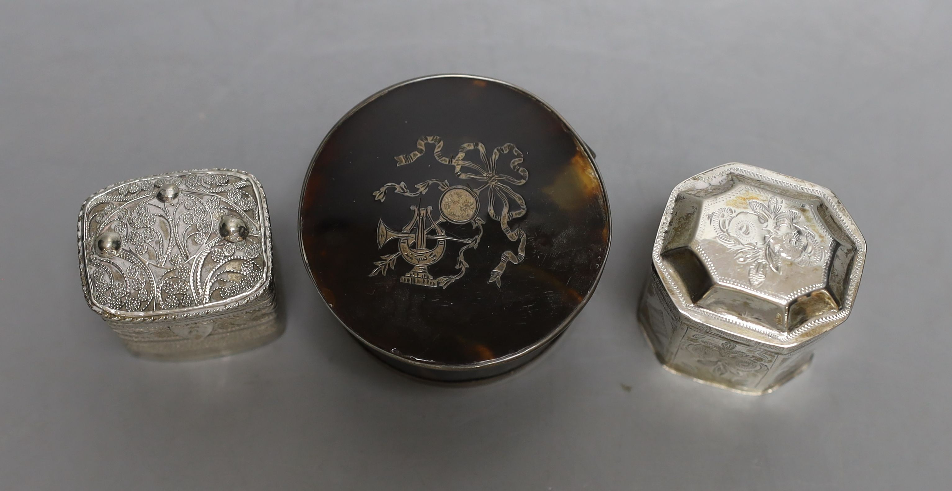 Two Dutch white metal snuff boxes, tallest 42mm and a George V silver mounted tortoiseshell box. - Image 2 of 2