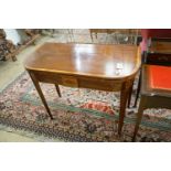 A George III satinwood banded mahogany D shaped folding tea table, width 94cm, depth 48cm, height