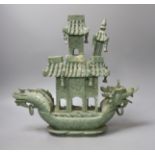 A Chinese hardstone intricately carved model of a boat, with inscription on the flag - 31cm tall