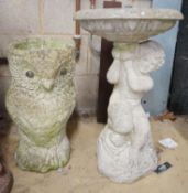 A reconstituted stone owl garden planter and a figural bird bath fountain, larger height 64cm