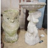 A reconstituted stone owl garden planter and a figural bird bath fountain, larger height 64cm