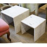 A pair of composite marble occasional tables, larger width 50cm, depth 50cm, height 44cm