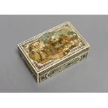 A 19th century Continental painted ivory box, mask to cap - 10cm long, 3.5cm tall