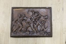 K Franke, a 1930’s carved oak panel of men digging possibly in a mine,66 cms wide x 49 cms high.