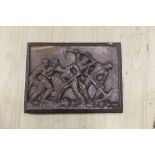 K Franke, a 1930’s carved oak panel of men digging possibly in a mine,66 cms wide x 49 cms high.